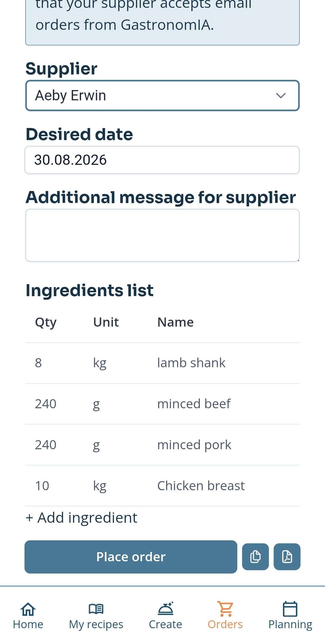 GastronomIA supplier orders